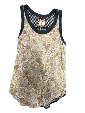 Scrapbook Neutral Floral Tank Top Contrast Trim Boho Medium